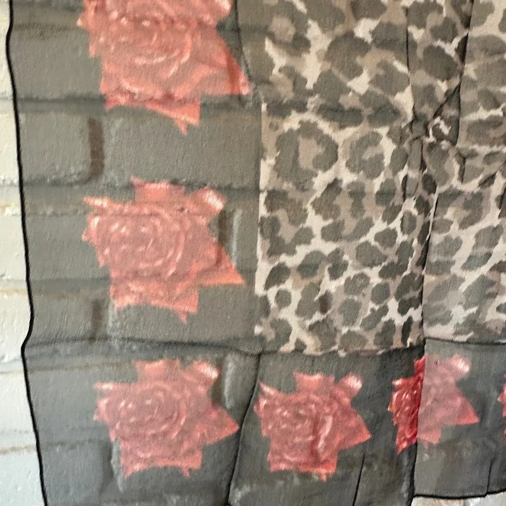 Leopard Print Rose Scarf Red Black Sheer Chiffon Square Neck Head Wrap 16.5
